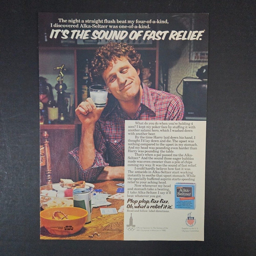 1979 Alka-Seltzer Vintage‎ Print Ad Man Playing Cards Poker Plop Fizz Olympics
